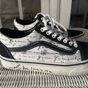 Black and White Vans with Floral Text Design